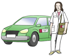 Zeichnung von einer Pflegeperson vor einem grünen Auto
